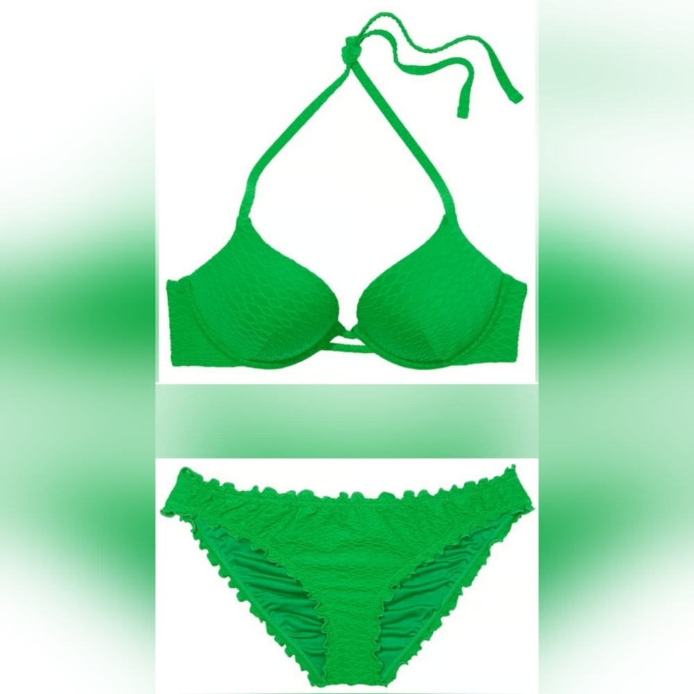 34B/S VS Swim Bombshell PushUp Bikini Top Ruffle Cheeky Bikini Set Green Fishnet